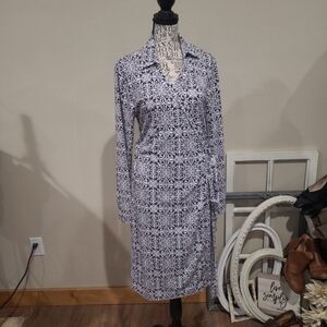 Pendleton Women's SZ Petite Large True Wrap dress Navy White Print Career Office